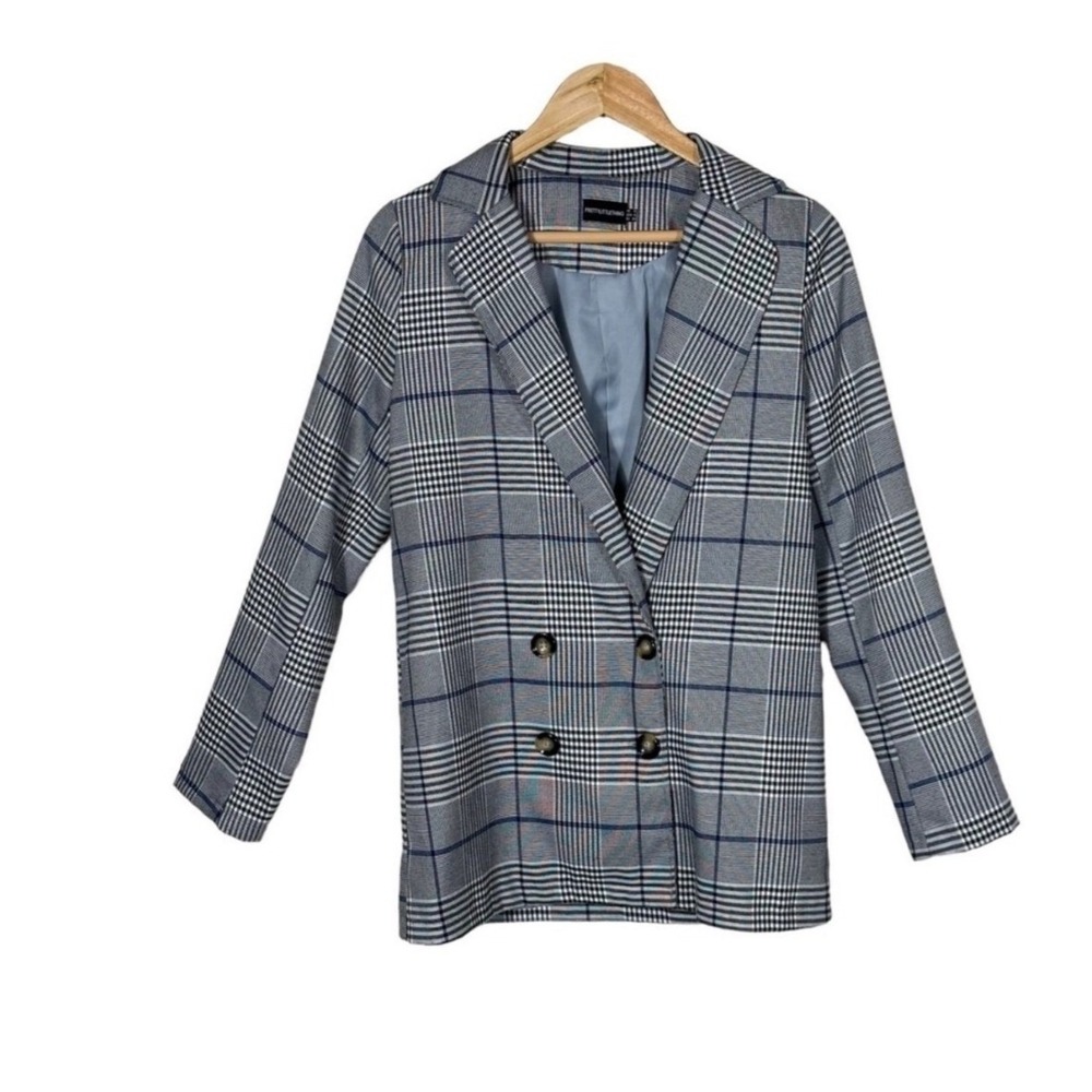 PrettyLittleThing Blazer Jacket Coat Grey Plaid Double Breasted Business Size 4